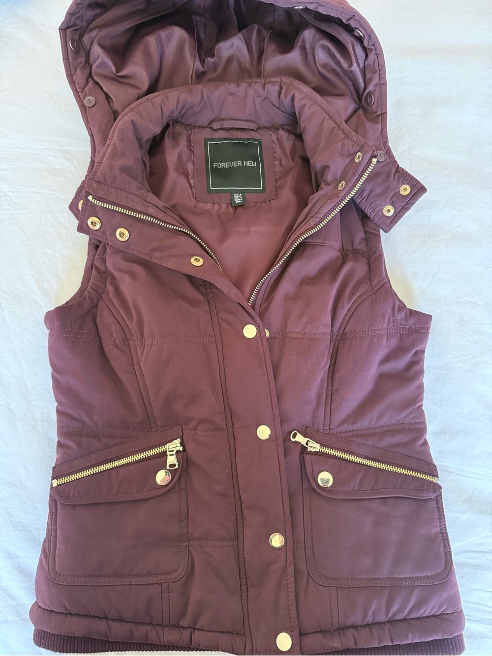 Forever New Maroon Hooded Puffer Vest with Gold Hardware